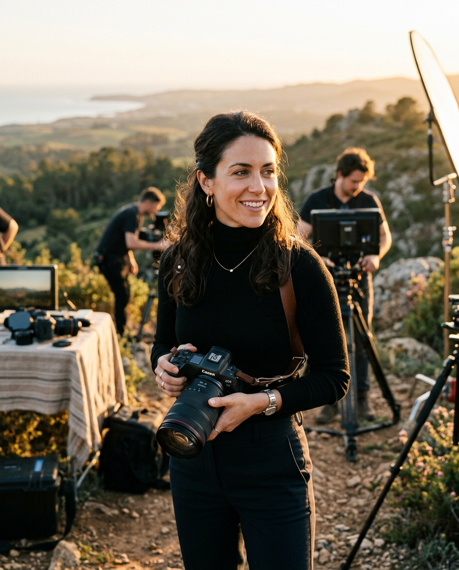 Behind-the-scenes candid portrait of Elena Vance on location with her camera